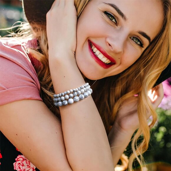 3 PCS 4,6,8mm Howlite Healing Natural Stone Beaded Stretch Bracelet for Women - Picture 4 of 6